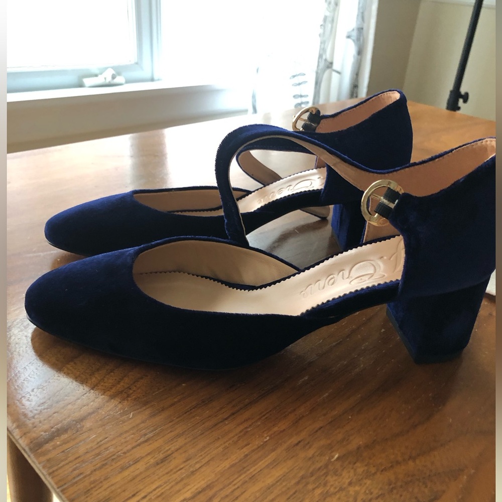 J. Crew Blue Velvet Heels with Curved Strap - Picture 2 of 5